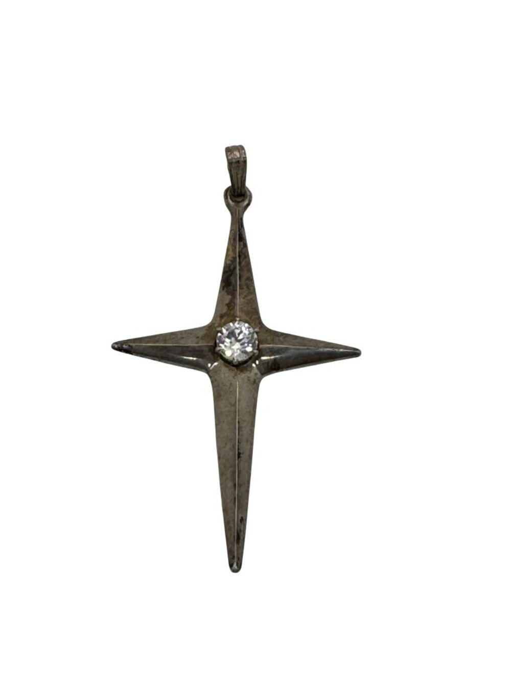Vintage Sterling Silver Star Cross Pendant Clear Rhinestone By Revere 925 2"